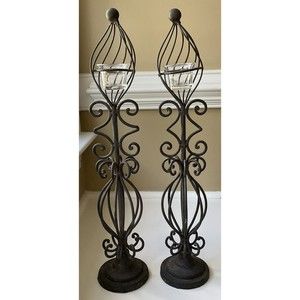 Mid Century Modern Decorative Black Wrought Iron Votive Candelabras Set Of 2
